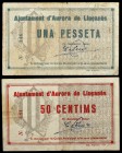 Aurora de Lluçanès. 50 céntimos y 1 peseta. (T. 305 y 306). 2 billetes, todos los de la localidad. Escasos. BC+/MBC-.