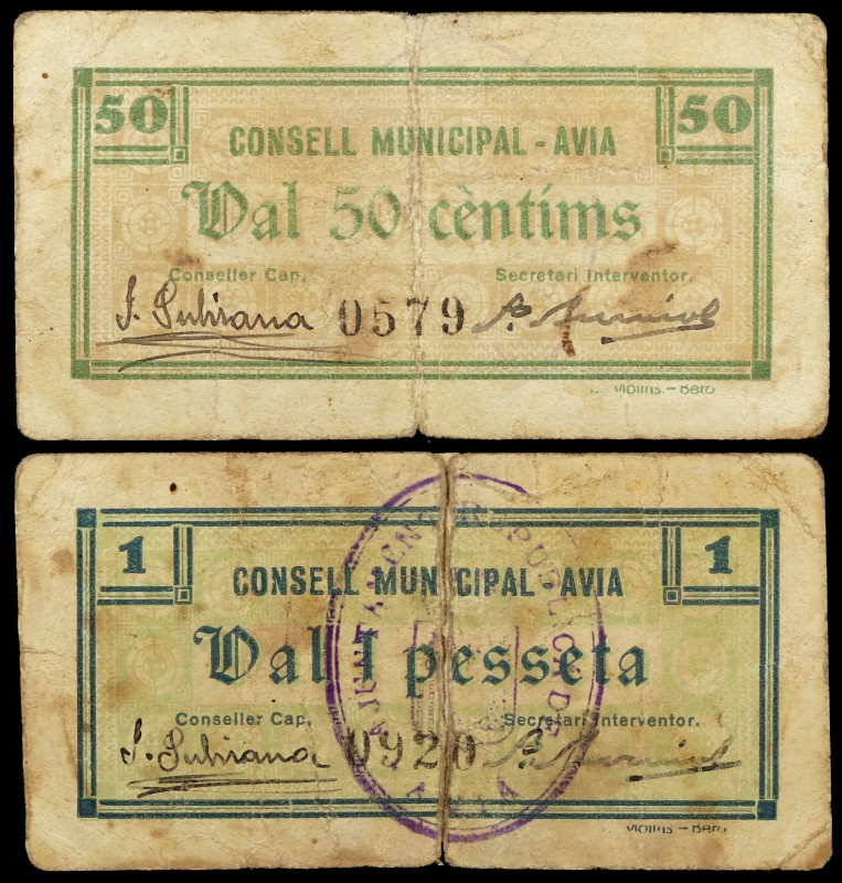 Avià. 50 céntimos y 1 peseta. (T. 307 y 308). 2 billetes, todos los de la locali...