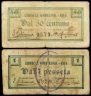 Avià. 50 céntimos y 1 peseta. (T. 307 y 308). 2 billetes, todos los de la localidad, uno roto y pegado en la época. Escasos. BC/BC+.