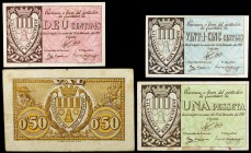 Baix Montseny. 10, 25, 50 céntimos y 1 peseta. (T. 334, 335, 337 y 338). 4 billetes. BC+/MBC+.