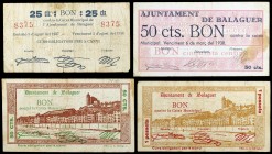 Balaguer. 25, 50 céntimos (dos) y 1 peseta. (T. 340, 341b, 342b y 343c). 4 billetes, una serie completa. BC/MBC-.