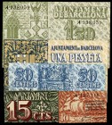 Barcelona. 10, 15, 50 céntimos, 1 y 1,50 pesetas. (T. 370 a 372, 373a y 374). 3 billetes y 2 cartones, todos los de la localidad. Escasos así. EBC-/EB...