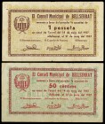 Bellserrat. 50 céntimos y 1 peseta. (T. 456e y 457d). 2 billetes, todos los de la localidad. BC/MBC-.