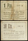 Bisaura de Ter. 50 céntimos y 1 peseta. (T. 519 y 520a). 2 billetes, uno roto y pegado en la época. BC/MBC-.