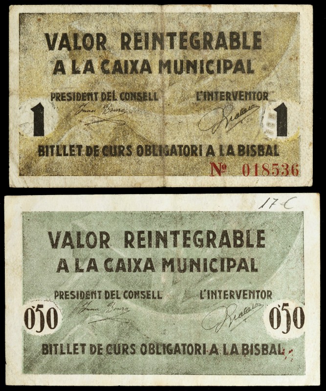 Bisbal d'Empordà, La. 50 céntimos y 1 peseta. (T. 541 y 542). 2 billetes, serie ...