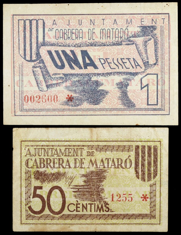 Cabrera de Mataró. 50 céntimos y 1 peseta. (T. 659 y 660). 2 billetes, todos los...