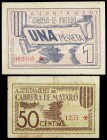 Cabrera de Mataró. 50 céntimos y 1 peseta. (T. 659 y 660). 2 billetes, todos los de la localidad. BC+/MBC+.