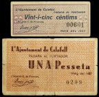 Calafell. 25 céntimos y 1 peseta. (T. 686a y 687g). 2 billetes, todos los de la localidad. BC/BC+.