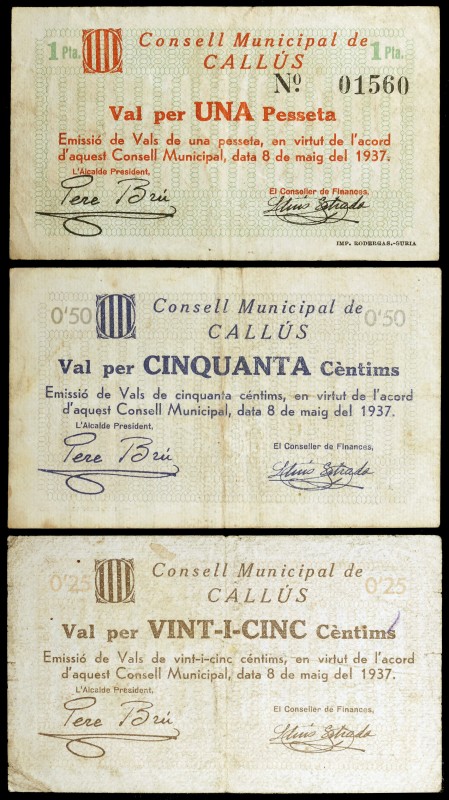 Callús. 25, 50 céntimos y 1 peseta. (T. 708, 709 var y 710). 3 billetes, todos l...