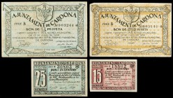 Cardona. 15, 25, 50 céntimos y 1 peseta. (T. 793, 794, 797 y 798). 4 billetes, una serie completa. BC+/EBC.