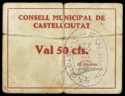 Castellciutat. 50 céntimos. (T. 829a). Cartón nº 069. Roturas. Raro. (BC-).