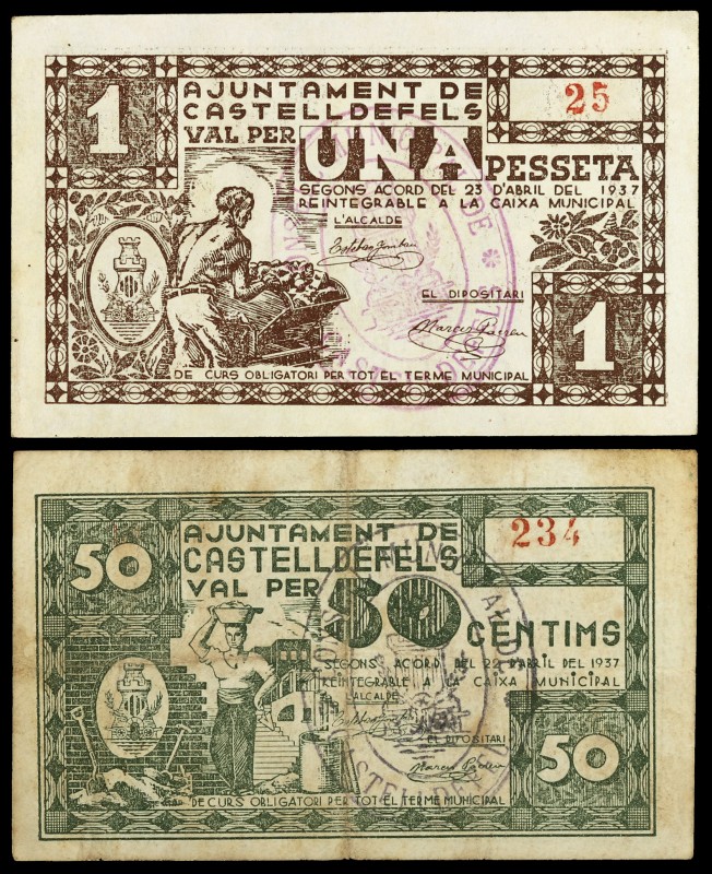 Castelldefels. 50 céntimos y 1 peseta. 2 billetes, todos los de la localidad, el...