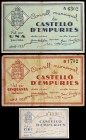 Castelló d'Empúries. 5, 50 céntimos y 1 peseta. (T. 869 a 871). 3 billetes, todos los de la localidad. BC/EBC.