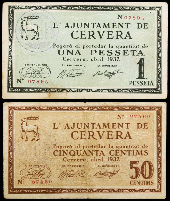 Cervera. 50 céntimos y 1 peseta. (T. 944 y 945). 2 billetes, todos los de la loc...