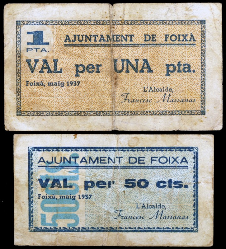 Foixà. 50 céntimos y 1 peseta. (T. 1198 y 1199). 2 billetes, todos los auténtico...