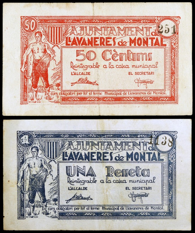 Llavaneres de Montal. 50 céntimos y 1 peseta. (T. 1528a y 1529a). 2 billetes, to...