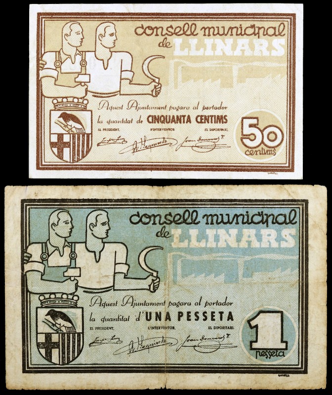 Llinars. 50 céntimos y 1 peseta. (T. 1546 y 1547). 2 billetes, todos los de la l...