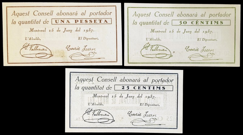 Mont-ral. 25, 50 céntimos y 1 peseta. (T. 1829b, 1830b y 1831a). 3 billetes, ser...