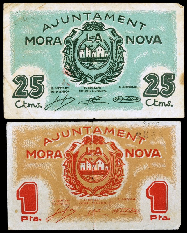 Móra la Nova. 25 céntimos y 1 peseta. (T. 1861 y 1863). 2 billetes. Escasos. BC/...