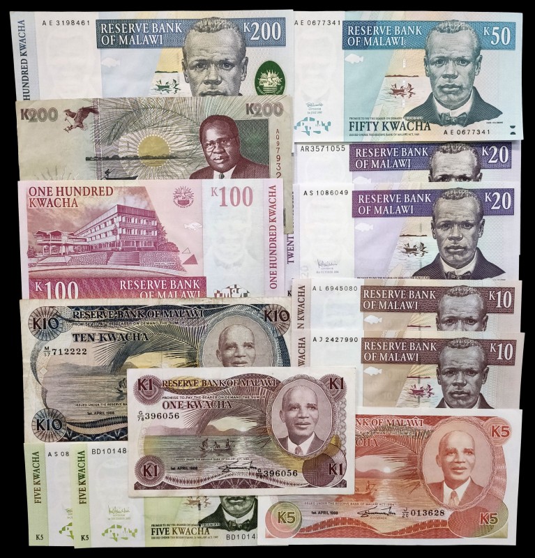 Malawi. 13 billetes de distintos valores y fechas. MBC-/S/C.