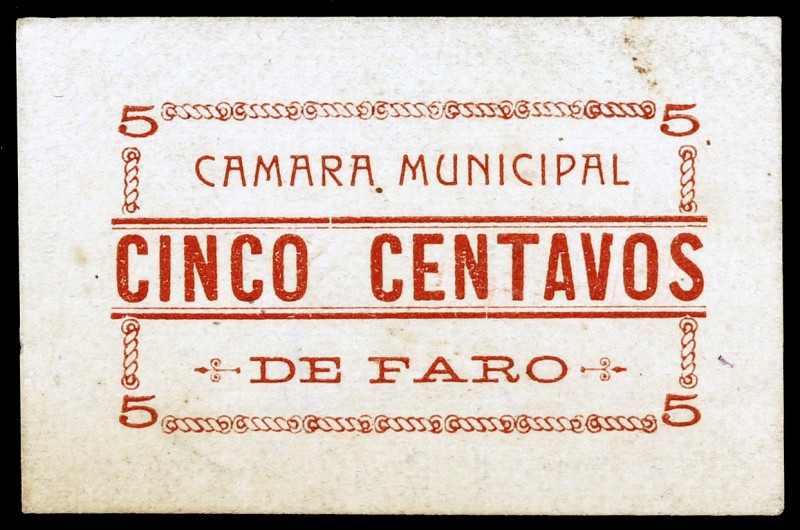 Portugal. Faro. Cámara Municipal. 5 centavos. Firma en reverso y sello en seco. ...