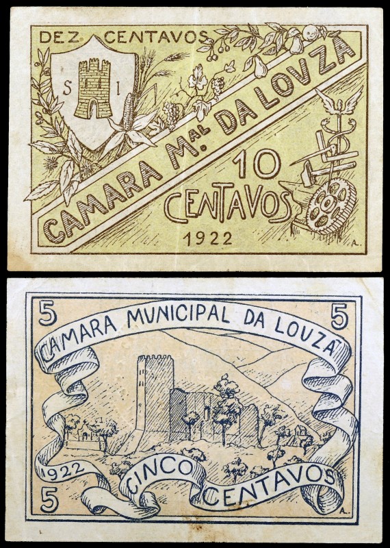 Portugal. 1922. Louza. Cámara Municipal. 5 y 10 centavos. 2 billetes, sin numera...