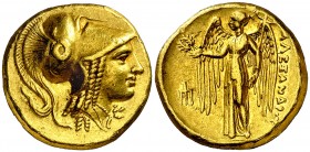 Imperio Macedonio. Alejandro III, Magno (336-323 a.C.). Anfípolis. Estátera de oro. (S. 6703 var) (MJP. 172). Pequeñas incisiones en borde del anverso...