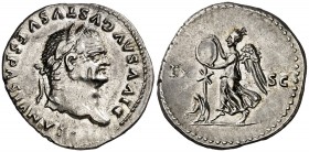 (80-81 d.C.). Vespasiano. Denario. (Spink 2565) (S. 144) (RIC. 364, Tito). Bella. 3,45 g. EBC.