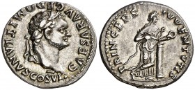 (79 d.C.). Domiciano. Denario. (Spink 2642) (S. 384) (RIC. 1084, de Vespasiano). Atractiva. 3,51 g. EBC-.