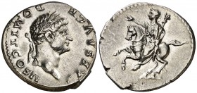 (73-75 d.C.). Domiciano. Denario. (Spink 2644) (S. 664) (RIC. 680, de Vespesiano). Bella. 3,08 g. EBC-.