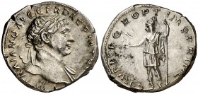 (107 d.C.). Trajano. Denario. (Spink 3120) (S. 68a) (RIC. 115 var). Buen ejemplar. 3,41 g. EBC-.