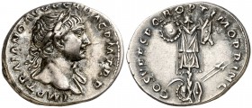 (107 d.C.). Trajano. Denario. (Spink 3132) (S. 100) (RIC. 147b var). Atractiva. 3,20 g. EBC-.
