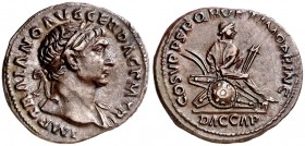 (108 d.C.). Trajano. Denario. (Spink 3136) (S. 118) (RIC. 96). Pátina oscura. 3,41 g. EBC-.