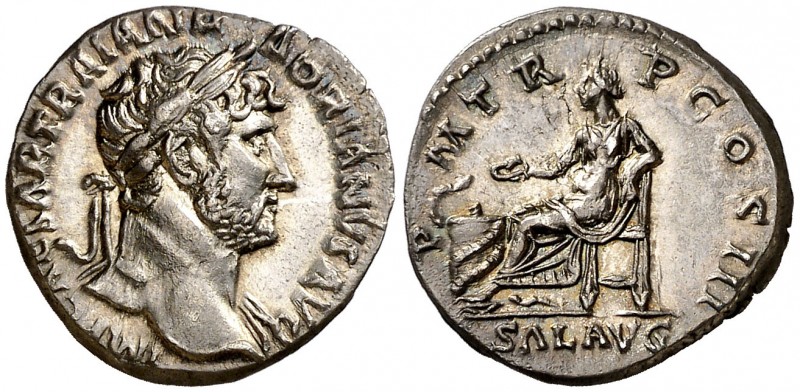 (121 d.C.). Adriano. Denario. (Spink 3539) (S. 1327) (RIC. 374). Bella. 3,32 g. ...