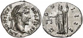 (146 d.C.). Antonino pío. Denario. (Spink 4066) (S. 228) (RIC. 127). 3,47 g. EBC.