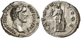 (138 d.C.). Antonino pío. Denario. (Spink 4134) (S. 1057) (RIC. 448, de Adriano). 3,47 g. EBC-.
