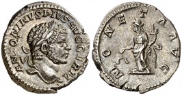 (213 d.C.). Caracalla. Denario. (Spink 6821) (S. 167) (RIC. 308). 3,44 g. EBC-.