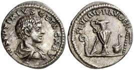 (199-200 d.C.). Geta. Denario. (Spink 7201) (S. 189) (RIC. 107 var). Bella. 2,97 g. EBC.
