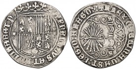 Reyes Católicos. Sevilla. 1 real. (AC. 423). Curiosas leyendas por ligera doble acuñación. Rara. 3,22 g. MBC.