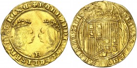 Reyes Católicos. Burgos. Doble excelente. (AC. 689). Insignificante perforación. Muy rara. 6,95 g. (MBC/MBC+).