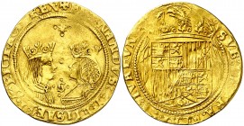 Reyes Católicos. Sevilla. Doble excelente. (AC. 721). , punto y entre los bustos. Ligeramente recortada. 6 g. MBC-.