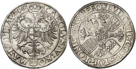 1546. Carlos I. Condado de Stolberg. 1 taler. (Dav. 9866 var) (Kr. 11 var). Acuñación de Ludwig II von Königstein. Escudos inferiores intercambiados. ...