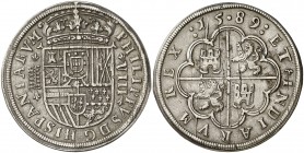 1589. Felipe II. Segovia. 8 reales. (AC. 693) (Cal. Edición 2008 nº 209, mismo ejemplar). Acueducto de cinco y seis arcos y dos pisos. Rayitas de acuñ...