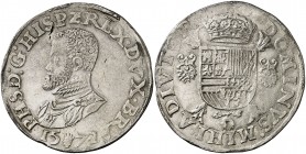 1572. Felipe II. Amberes. 1 escudo felipe. (Vti. 1199) (Vanhoudt 298.AN). Sin punto entre PHS y D, y HISP Z REX. Sin punto al inicio de la leyenda del...