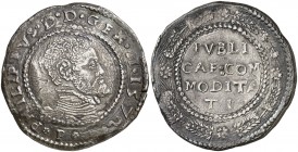 1572. Felipe II. Messina. 1 escudo/10 taris. (Vti. 221 var) (MIR. 312/3 var). El 2 de la fecha tumbado. Bonita pátina. Ex Colección Princesa de Éboli ...