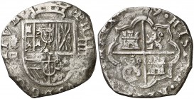 (15)99. Felipe III. Segovia. Castillejo. 4 reales. (AC. 782). Tipo "OMNIVM". La inicial del nombre del rey rectificada sobre una cruz. Leones con coro...