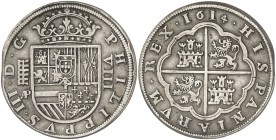 1614. Felipe III. Segovia. AR. 8 reales. (AC. 946) (Cal. Edición 2008, nº 152, mismo ejemplar). Cuatro flores de lis en las armas de Borgoña. Pequeña ...