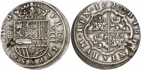1620. Felipe III. Segovia. (A). 8 reales. (AC. 950). La V de HISPANIARVM es una A invertida. Tres flores de lis en las armas de Borgoña. Hoja que atra...