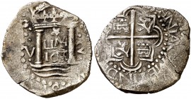 1659. Felipe IV. Lima. V. 2 reales. (AC. 839). Ex Ponterio 25/08/1993, nº 510. Ex Colección Velázquez 25/04/2019, nº 103. Rarísima y más así. 6,44 g. ...