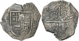 1624. Felipe IV. Sevilla. D. 8 reales. (AC. 1634). Rayitas. Oxidaciones limpiadas. Rara, sólo hemos tenido cuatro ejemplares. 25 g. (MBC-).